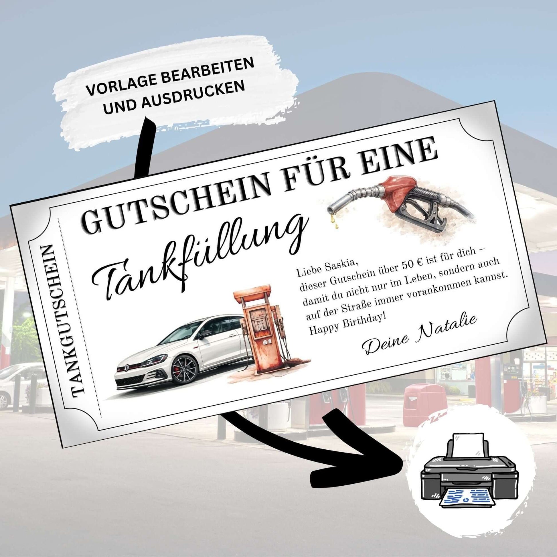 Tankgutschein für eine Tankfüllung mit VW Golf Motiv und einem Graffiti-Tankstelle im Hintergrund.
