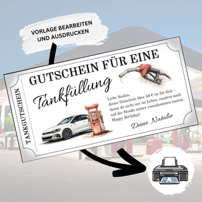 Tankgutschein für eine Tankfüllung mit VW Golf Motiv und einem Graffiti-Tankstelle im Hintergrund.