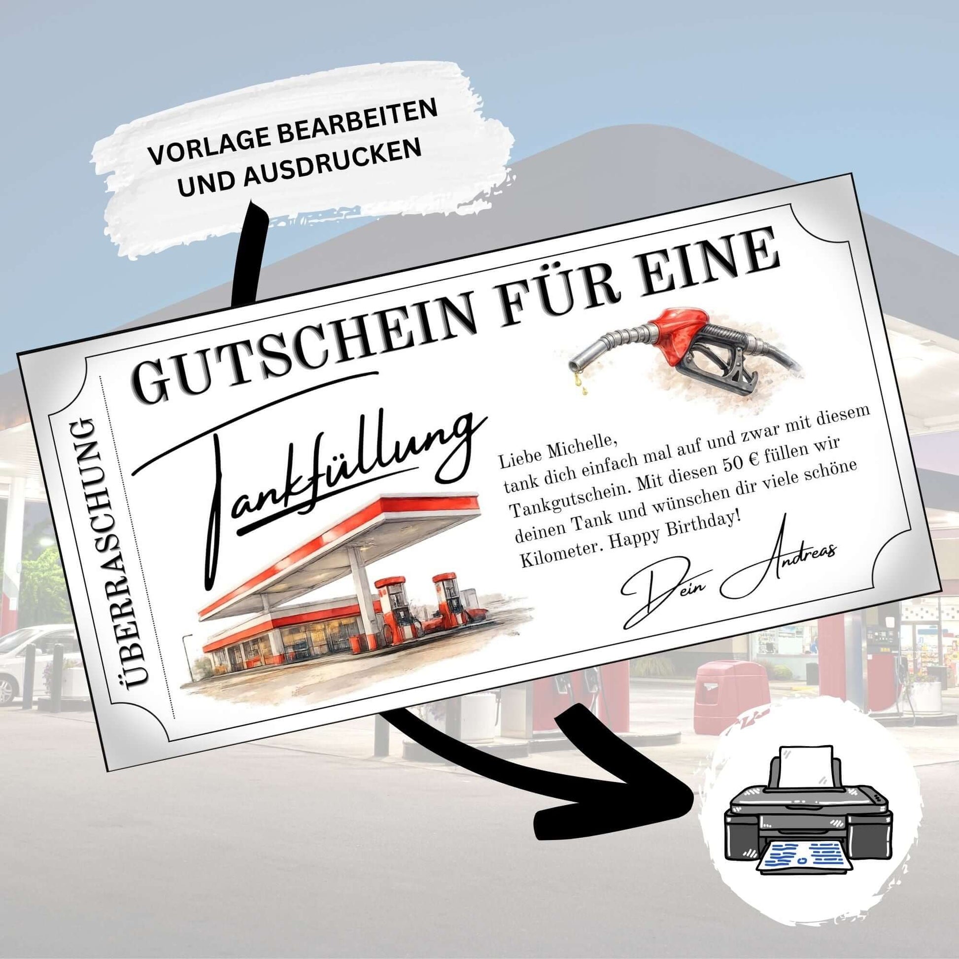 Digitaler Tankgutschein rot – Gutschein für eine Tankfüllung, personalisierbar und sofort verfügbar.