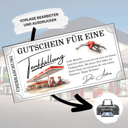 Digitaler Tankgutschein rot – Gutschein für eine Tankfüllung, personalisierbar und sofort verfügbar.