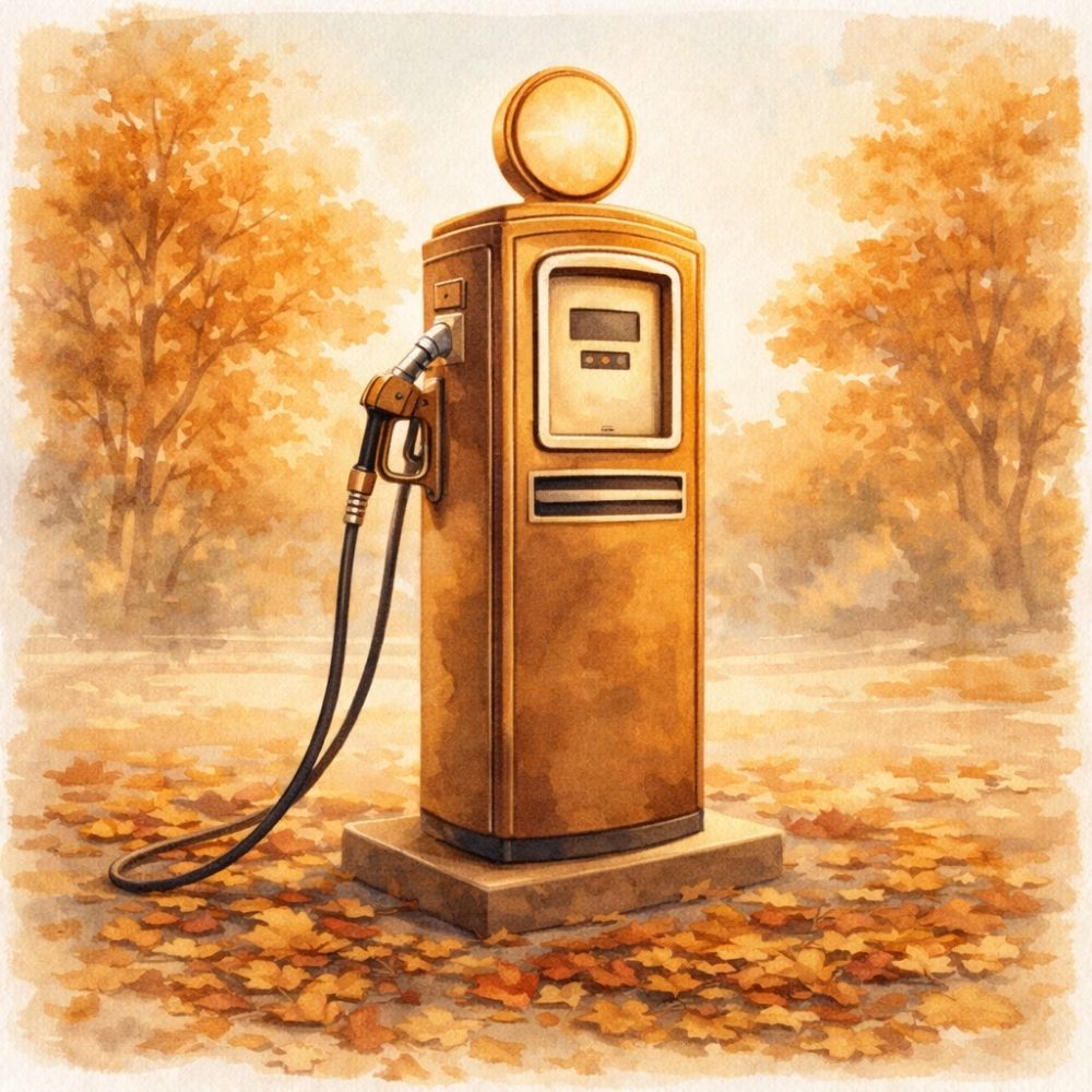 Vintage Zapfsäule in Retro-Optik mit Herbstblättern – nostalgisches Aquarell-Motiv für eine Tankgutschein-Vorlage zum selbst Gestalten