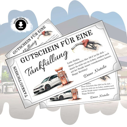 Tankgutschein für eine Tankfüllung mit Auto und Zapfsäule, Geschenk für Autofahrer.
