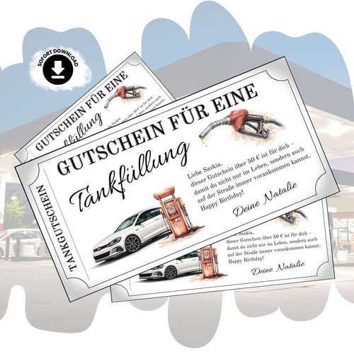 Tankgutschein für eine Tankfüllung mit Auto und Zapfsäule, Geschenk für Autofahrer.