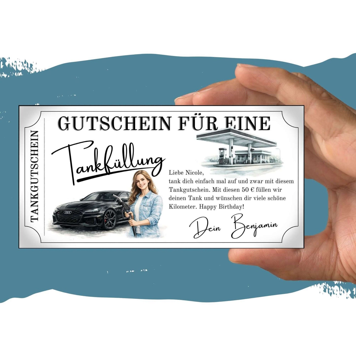 Tankgutschein für eine Tankfüllung, personalisierter Gutschein mit Audi und Botschaft zum Geburtstag.