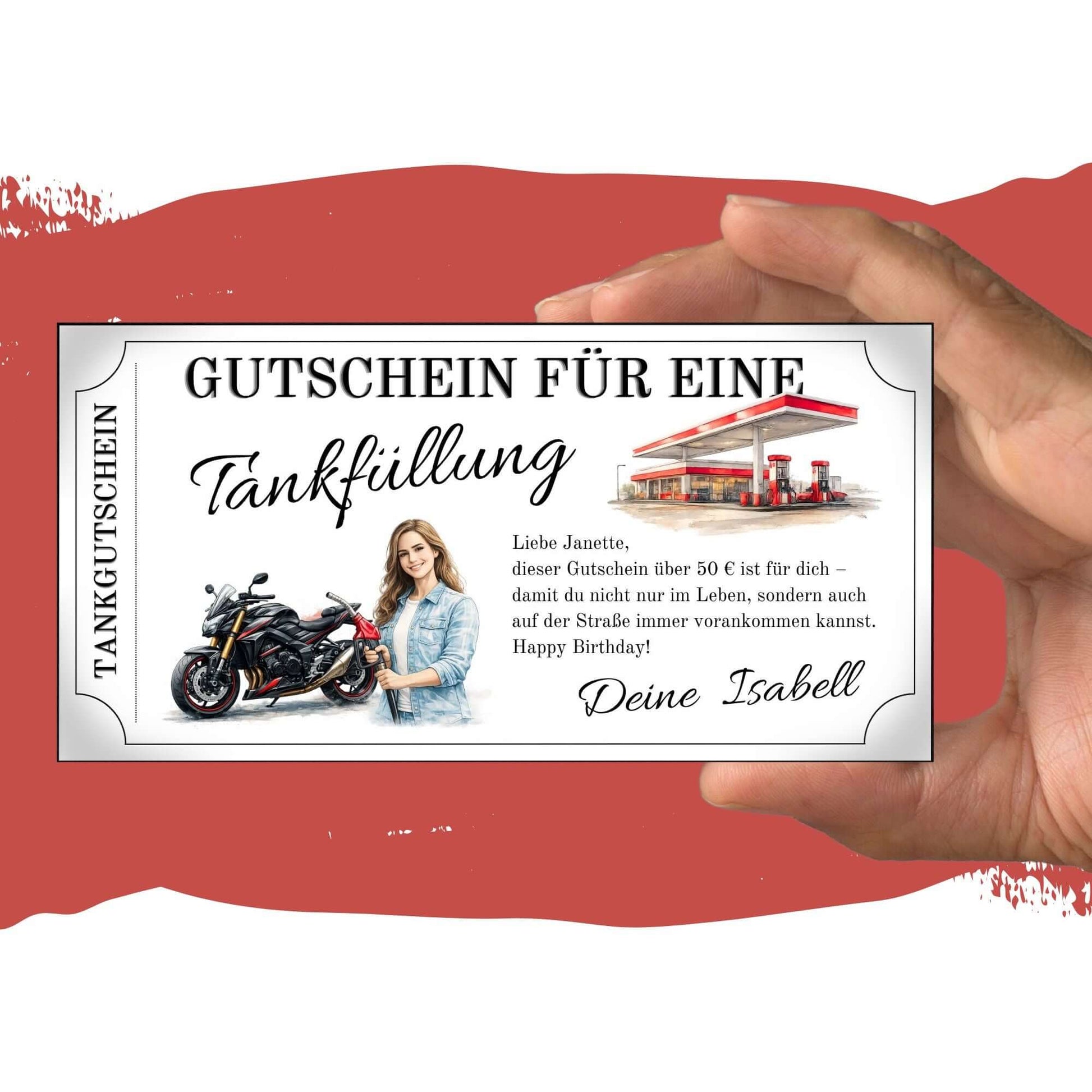 Tankgutschein für Frauen, Gutschein für eine Tankfüllung mit Motorrad und junge Frau.