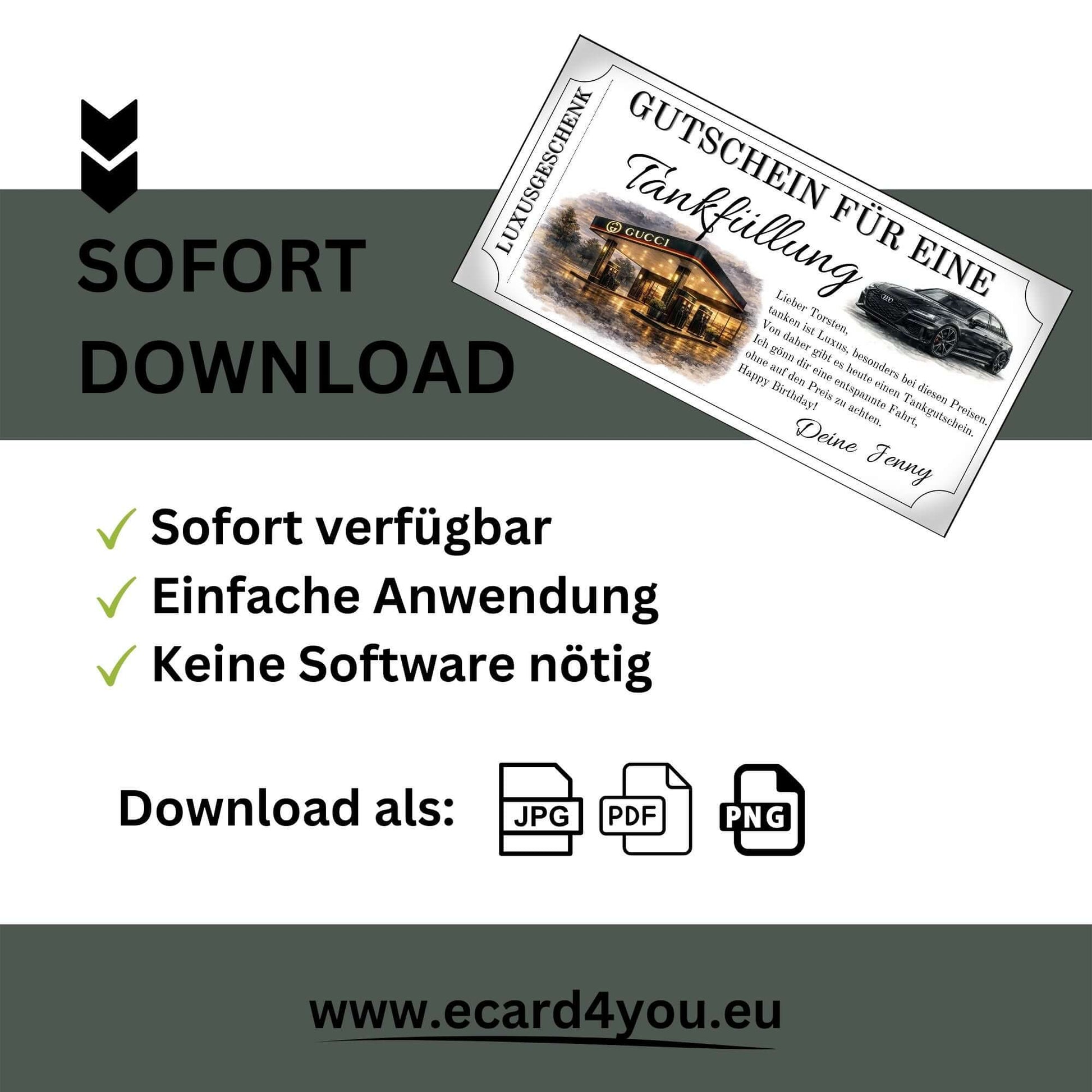 Tankgutschein Gucci Audi – sofort downloadbarer Gutschein für eine Tankfüllung, einfach anwendbar.