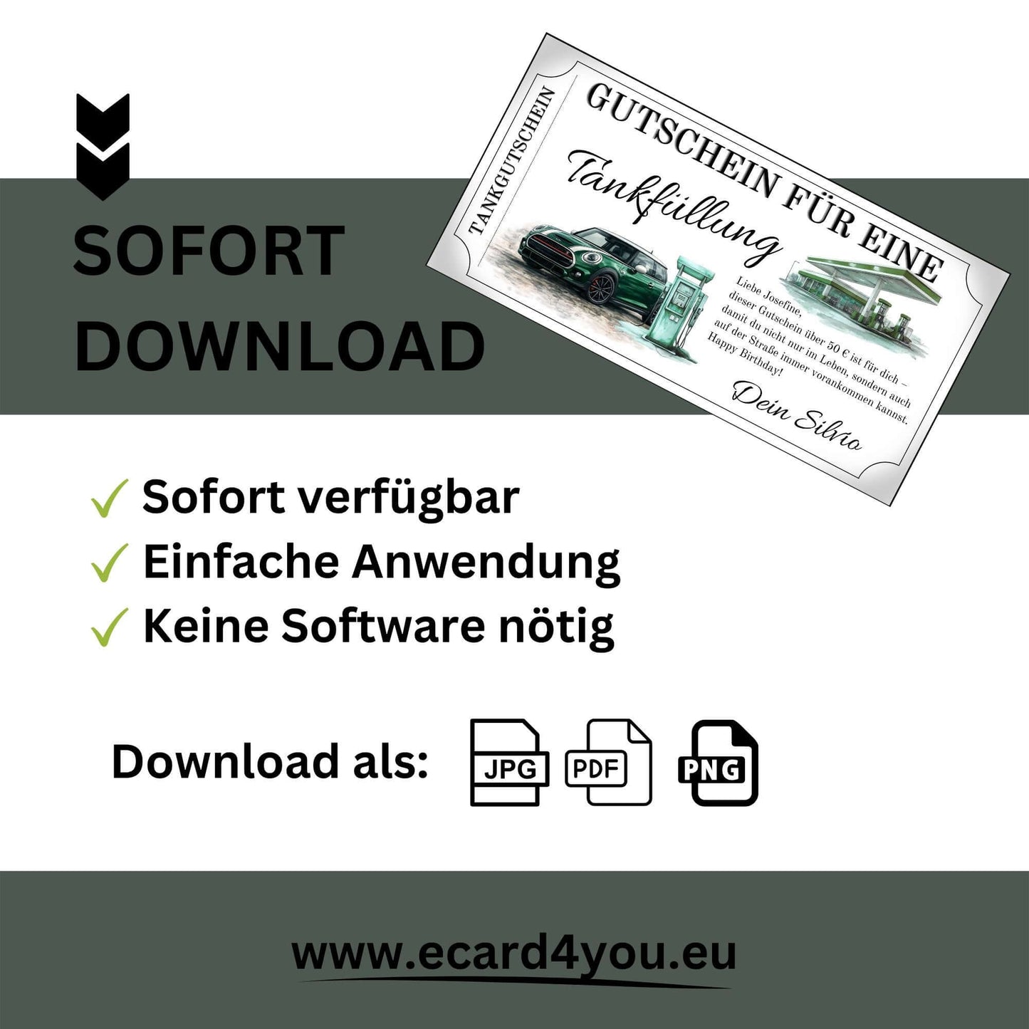 Tankgutschein für MINI Cooper mit Sofortdownload, einfache Anwendung und verfügbar in JPG, PDF, PNG.