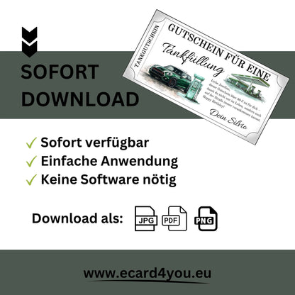 Tankgutschein für MINI Cooper mit Sofortdownload, einfache Anwendung und verfügbar in JPG, PDF, PNG.