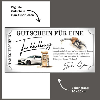 Tankgutschein Geschenk – digitaler Gutschein zur Tankfüllung, personalisierbar und druckbar.