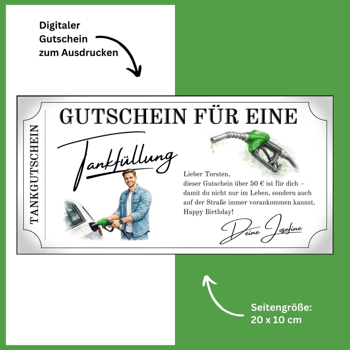 Tankgutschein für eine Tankfüllung zum Geburtstag mit persönlicher Nachricht und Grafik eines Zapfhahns.