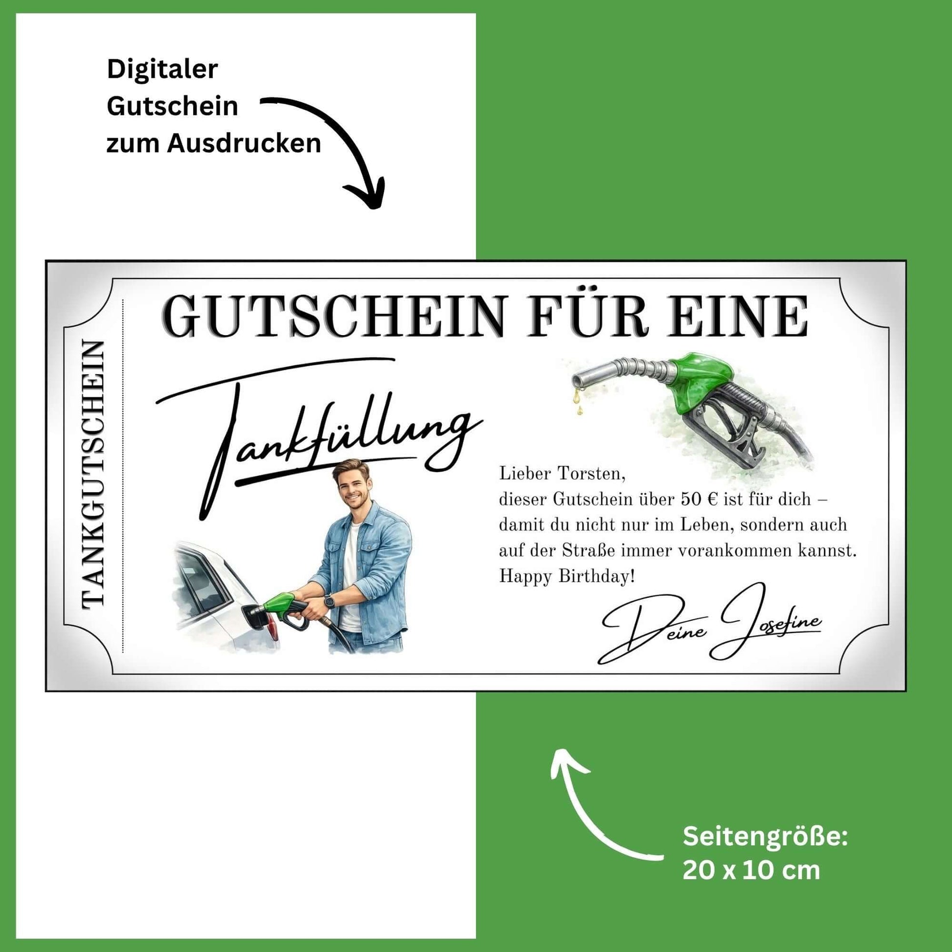 Tankgutschein für eine Tankfüllung zum Geburtstag mit persönlicher Nachricht und Grafik eines Zapfhahns.