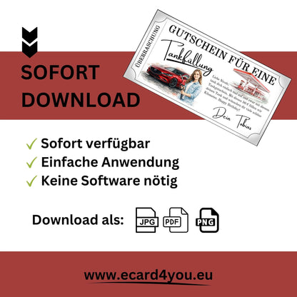 Tankgutschein als Sofortdownload in JPG, PDF und PNG – einfache Anwendung, keine Software nötig.