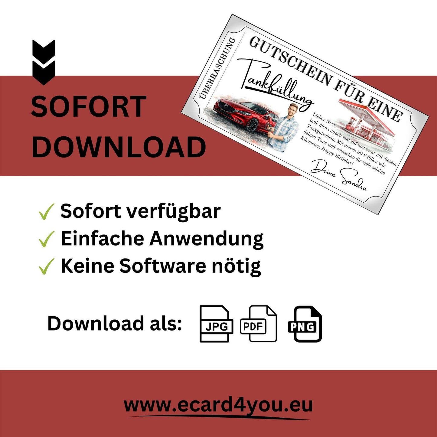 Tankgutschein sofort download für Männer, roter Mazda, einfache Anwendung, keine Software nötig