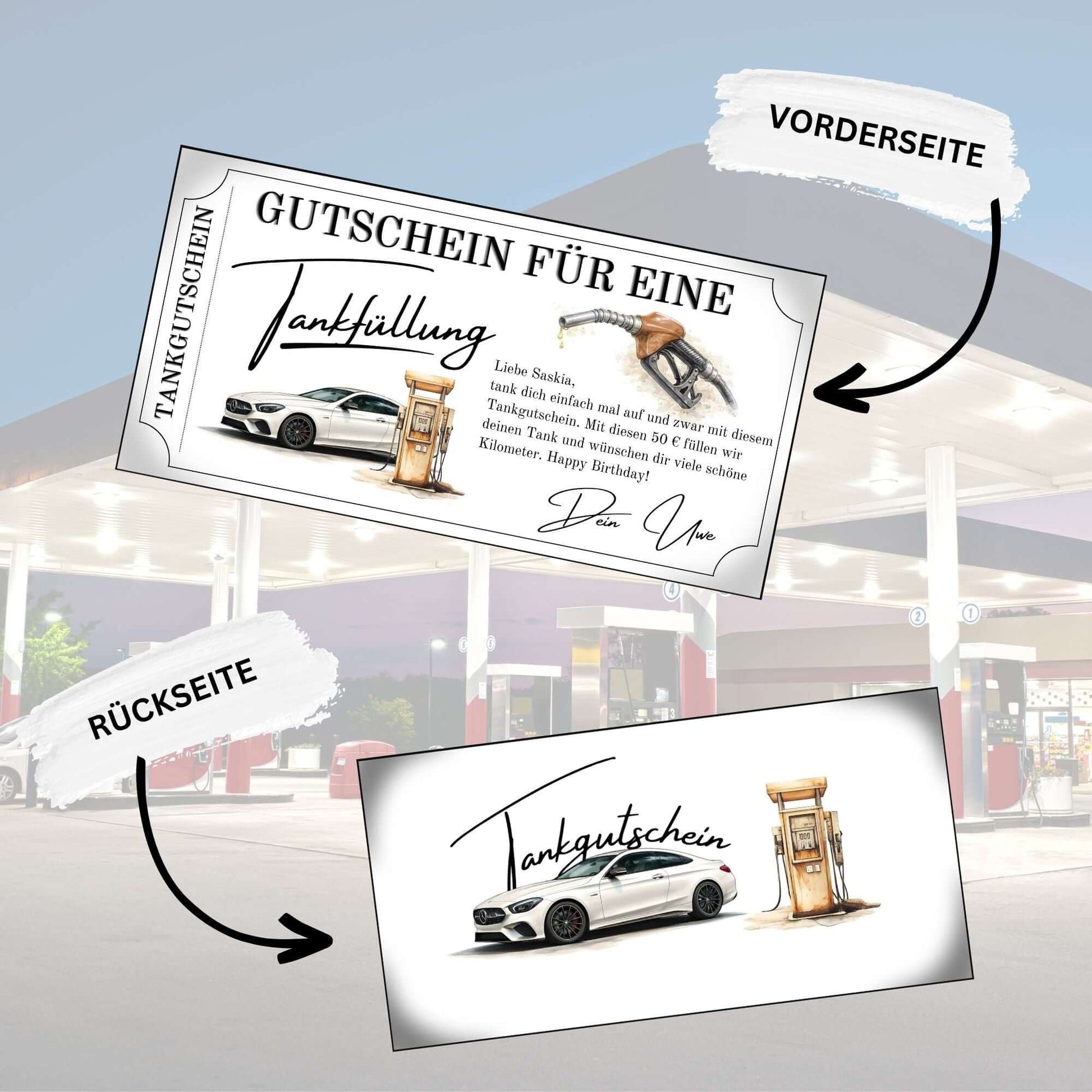 Tankgutschein Geschenk-Design mit Vorder- und Rückseite, edel und personalisiert, für volle Tankfüllung.