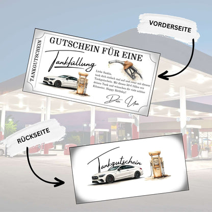 Tankgutschein Geschenk-Design mit Vorder- und Rückseite, edel und personalisiert, für volle Tankfüllung.