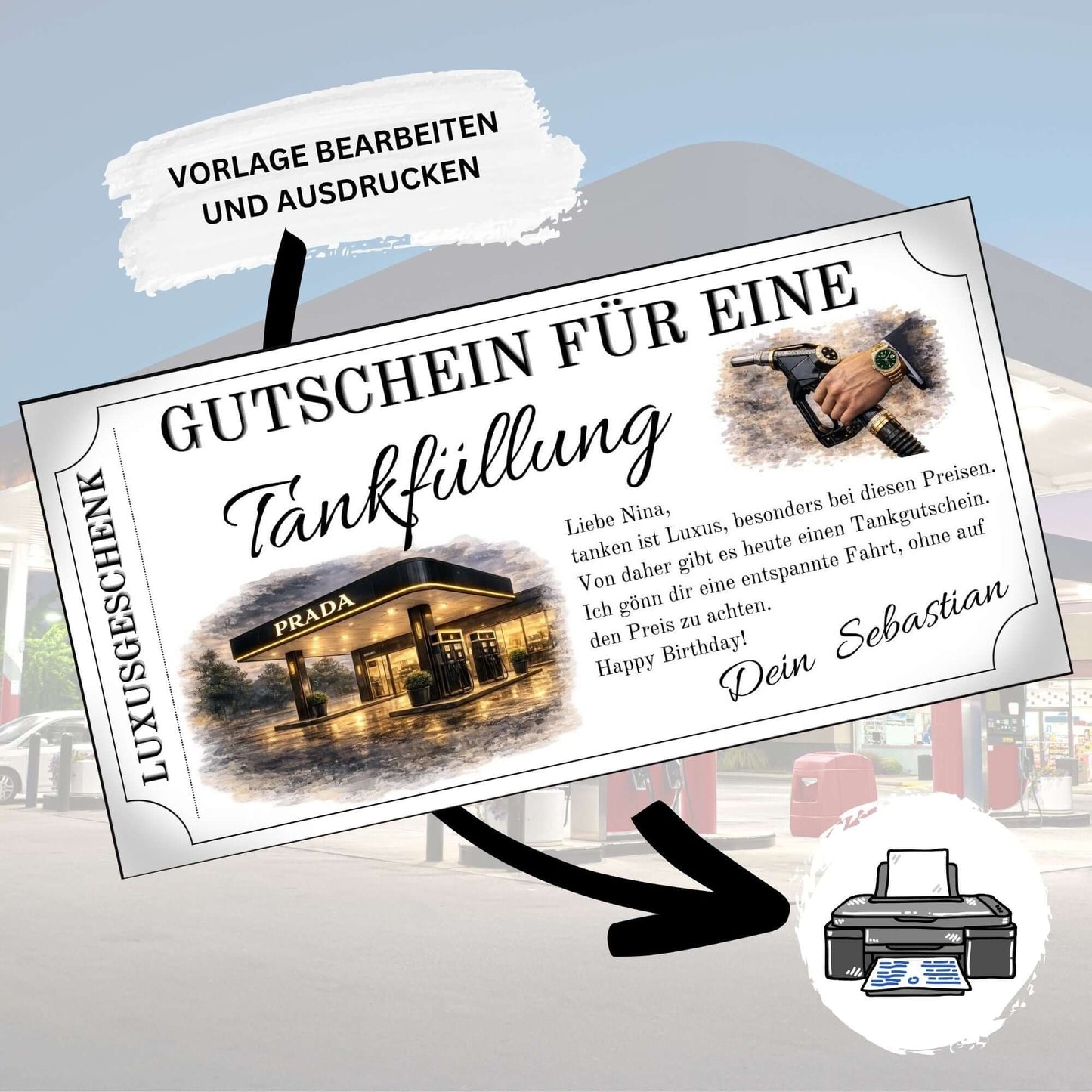 Tankgutschein Luxusgeschenk mit ausgefallenem Design für eine Tankfüllung bei Prada, personalisierbar und druckbar.