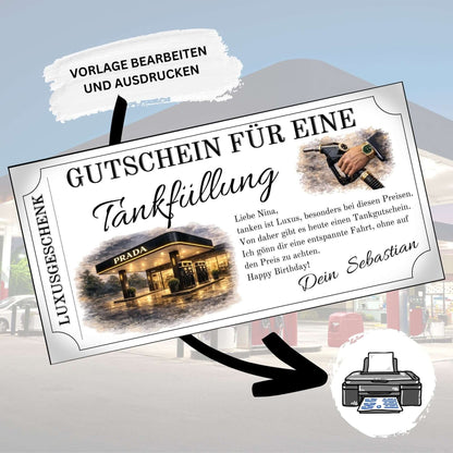 Tankgutschein Luxusgeschenk mit ausgefallenem Design für eine Tankfüllung bei Prada, personalisierbar und druckbar.