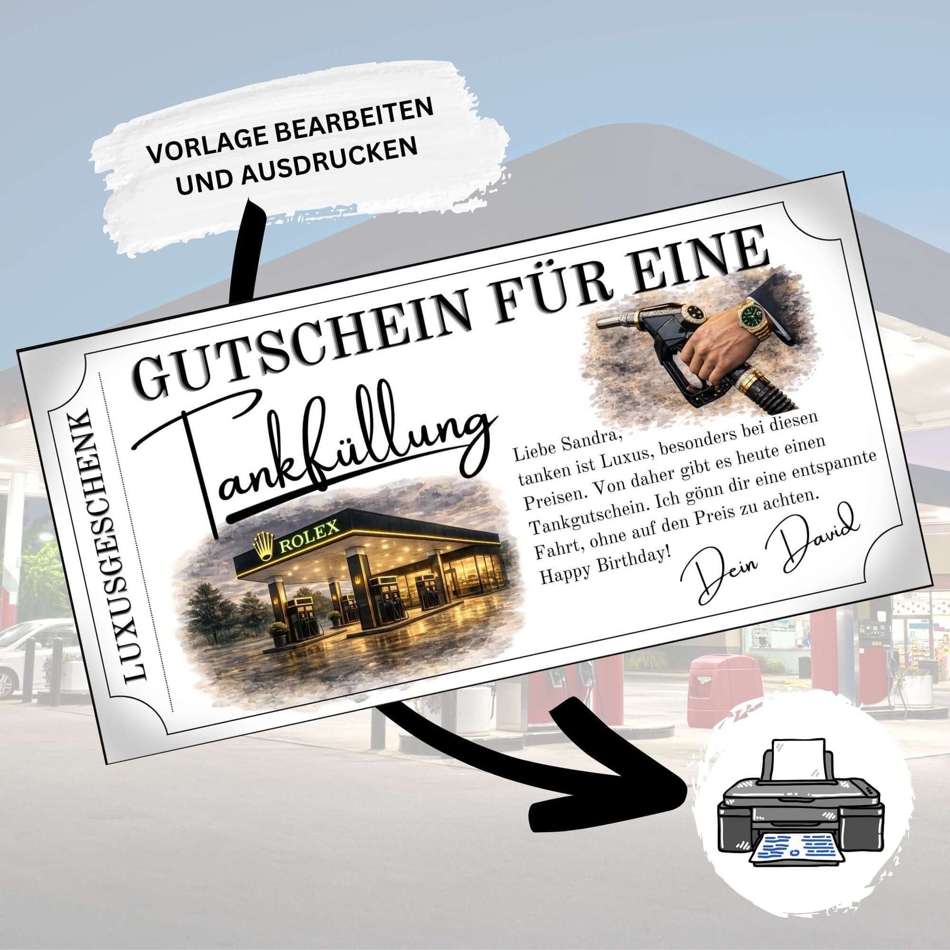 Luxus Tankgutschein für eine Tankfüllung, personalisierbar, mit eleganter Geschenkvorlage und Druckmöglichkeit.