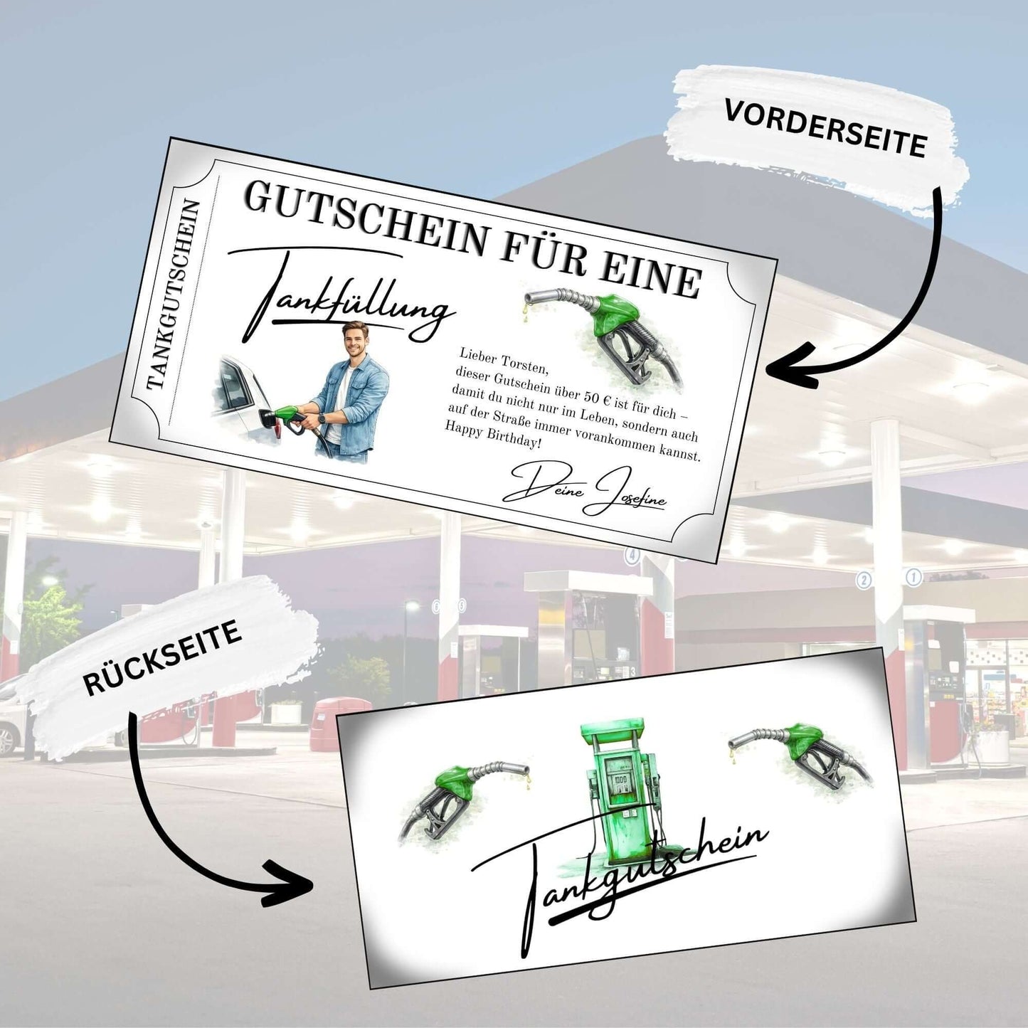 Tankgutschein Geburtstag – Vorder- und Rückseite des Gutscheins mit modernem Design und grüner Farbgebung.
