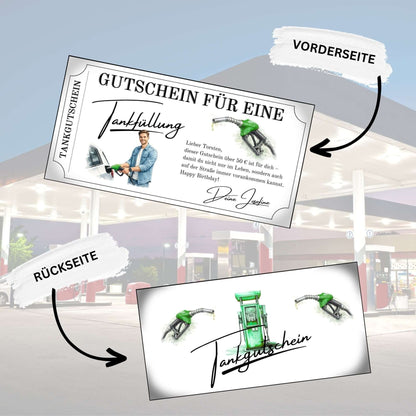 Tankgutschein Geburtstag – Vorder- und Rückseite des Gutscheins mit modernem Design und grüner Farbgebung.