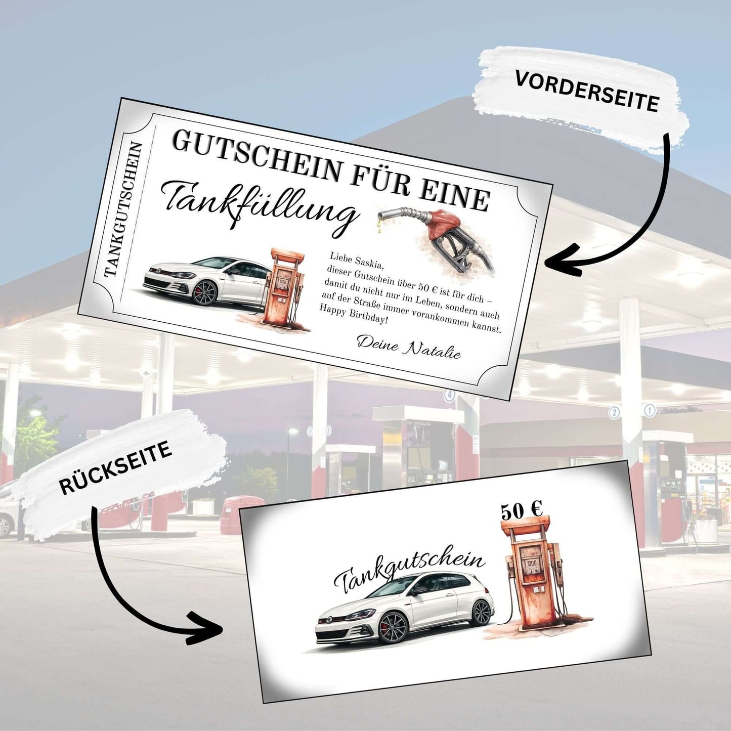 Tankgutschein für VW Golf – Gutschein zur Tankfüllung mit Vorder- und Rückseite, ideal für Autofahrer.