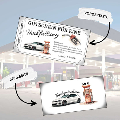 Tankgutschein für VW Golf – Gutschein zur Tankfüllung mit Vorder- und Rückseite, ideal für Autofahrer.
