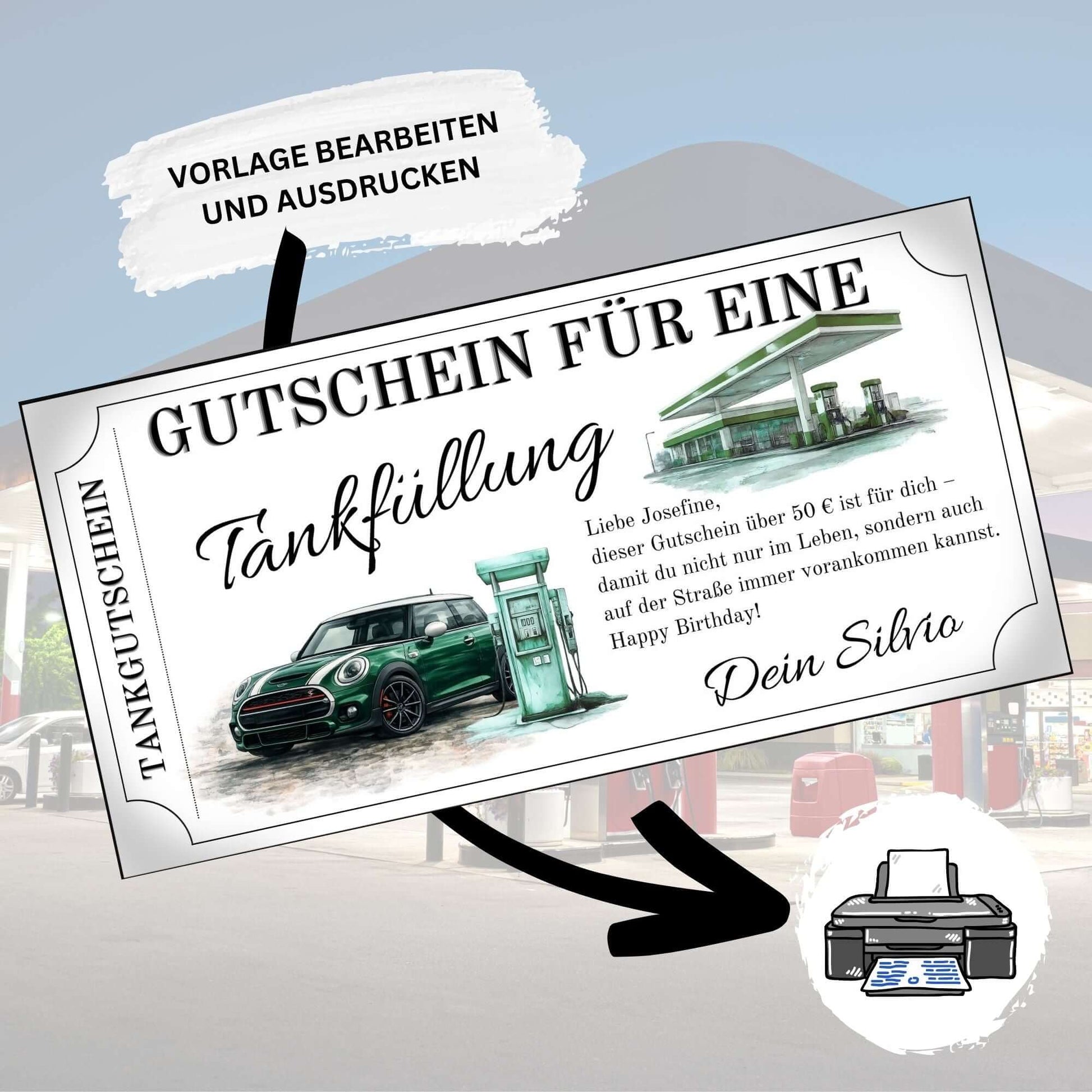 Tankgutschein für eine Tankfüllung mit MINI Cooper Motiv, personalisiertes Geschenk für MINI-Fans.