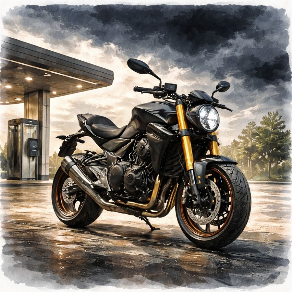 Schwarzes Naked Bike mit goldenen Gabelstreben an Tankstelle – maskulines Motiv für einen Biker-Tankgutschein, druckbar und personalisierbar