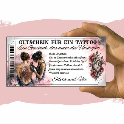 Tattoo Gutschein mit anatomischem Herz und roten Rosen als Symbol der Verbundenheit