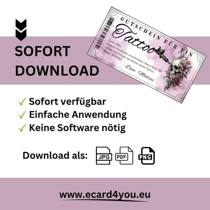 Tattoo Gutschein mit Dark-Art-Design und Tattoo-Maschine als Geschenkidee