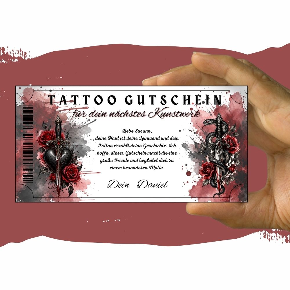 Tattoo Gutschein im Dark-Romance-Stil mit Rosen und Dolch-Motiv