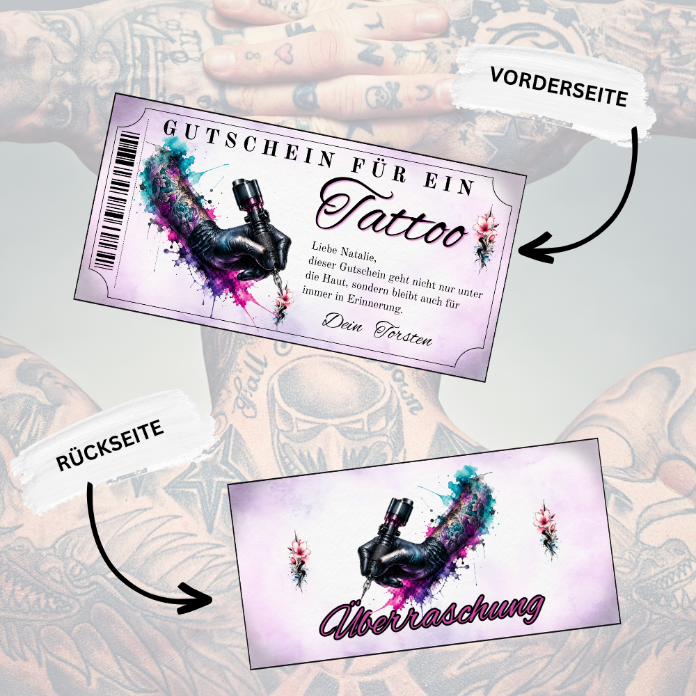 Tattoo Gutschein Vorlage mit tätowierter Hand und violettem Hintergrund für Frauen