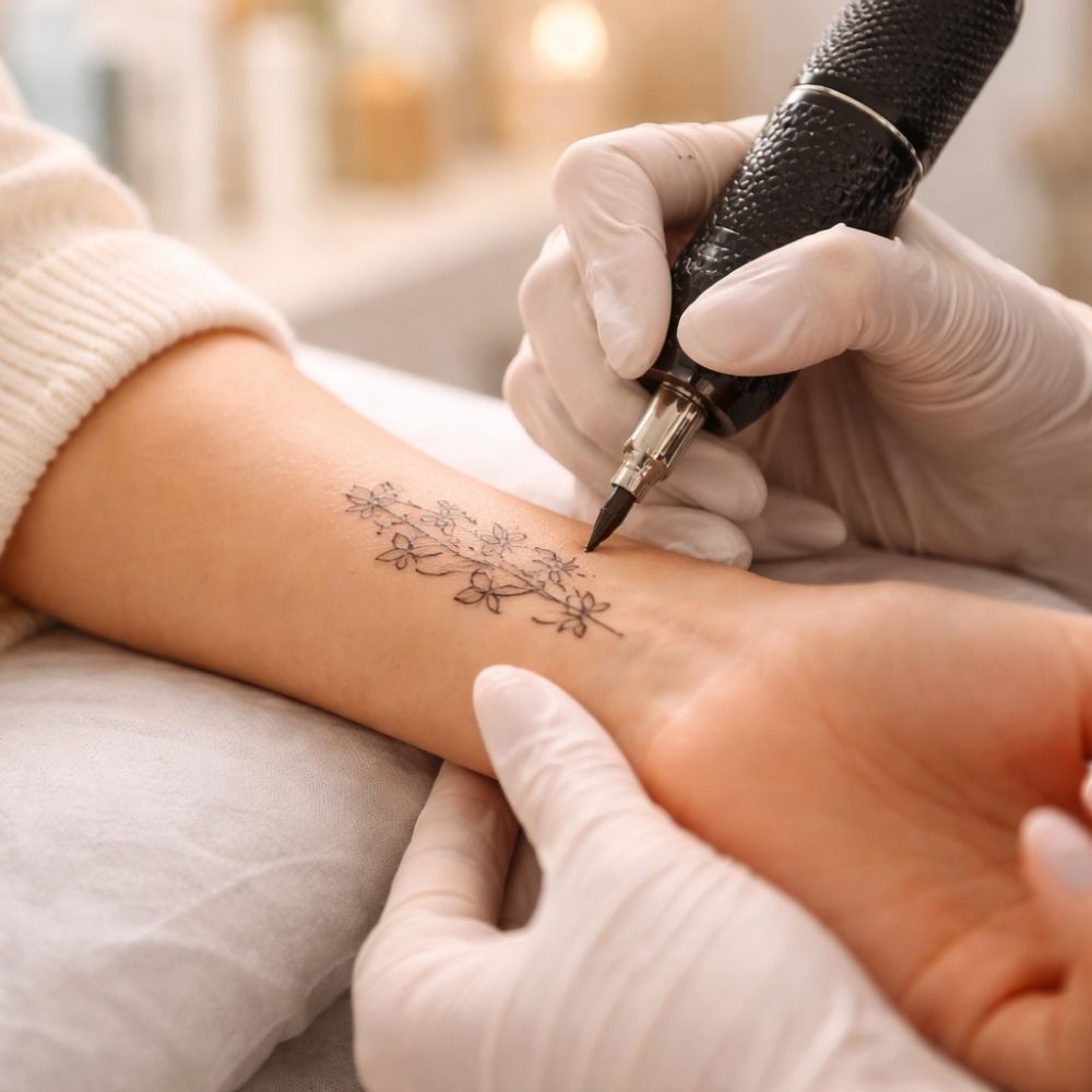 Tätowiererin zeichnet filigrane Blumen am Handgelenk einer Frau – Tattoo Gutschein digital verschenken mit eCARD4you