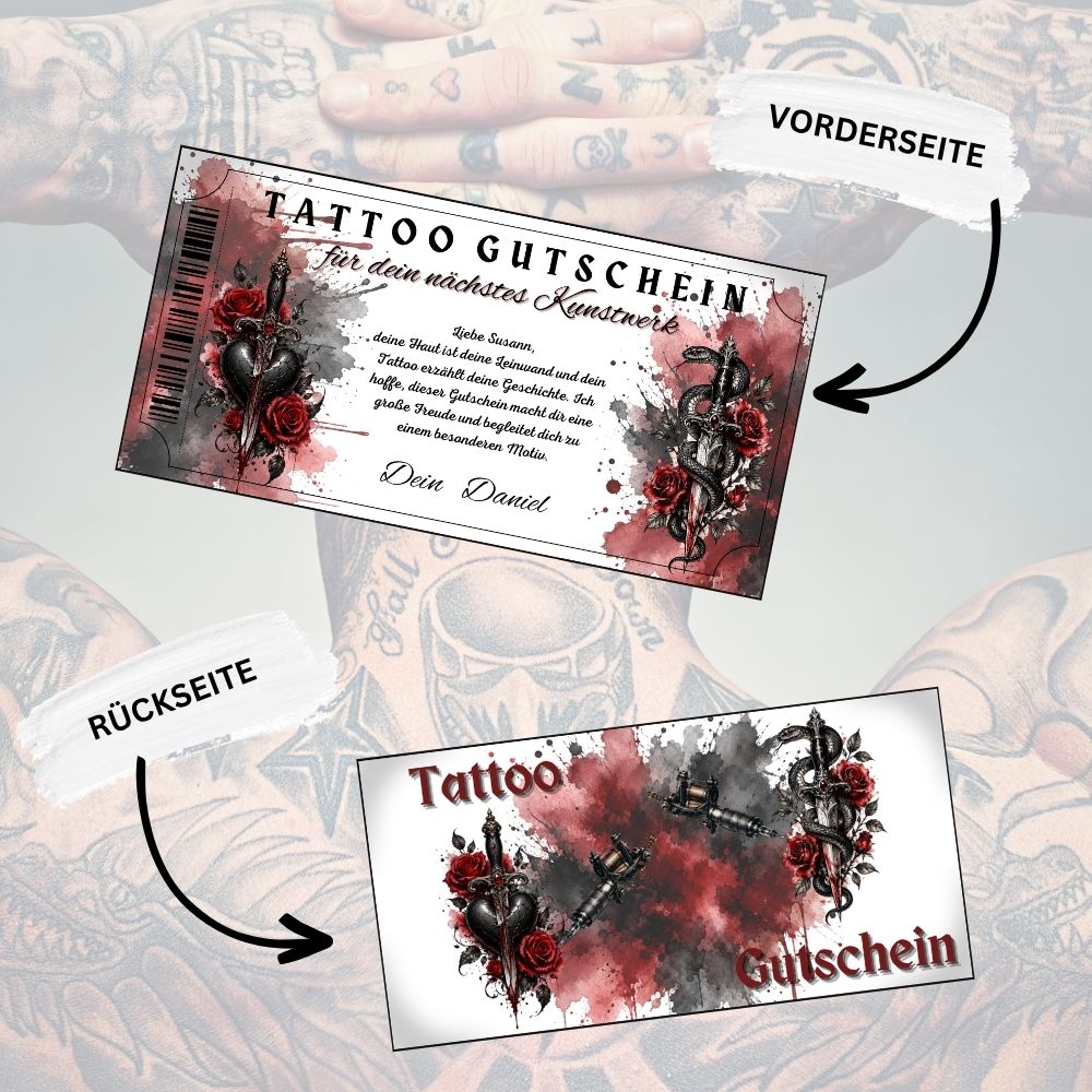 Tattoo Gutschein mit Dolch und Schlange auf rot-grauem Aquarell-Hintergrund