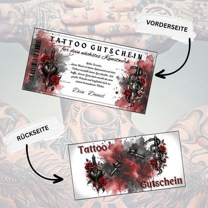 Tattoo Gutschein mit Dolch und Schlange auf rot-grauem Aquarell-Hintergrund