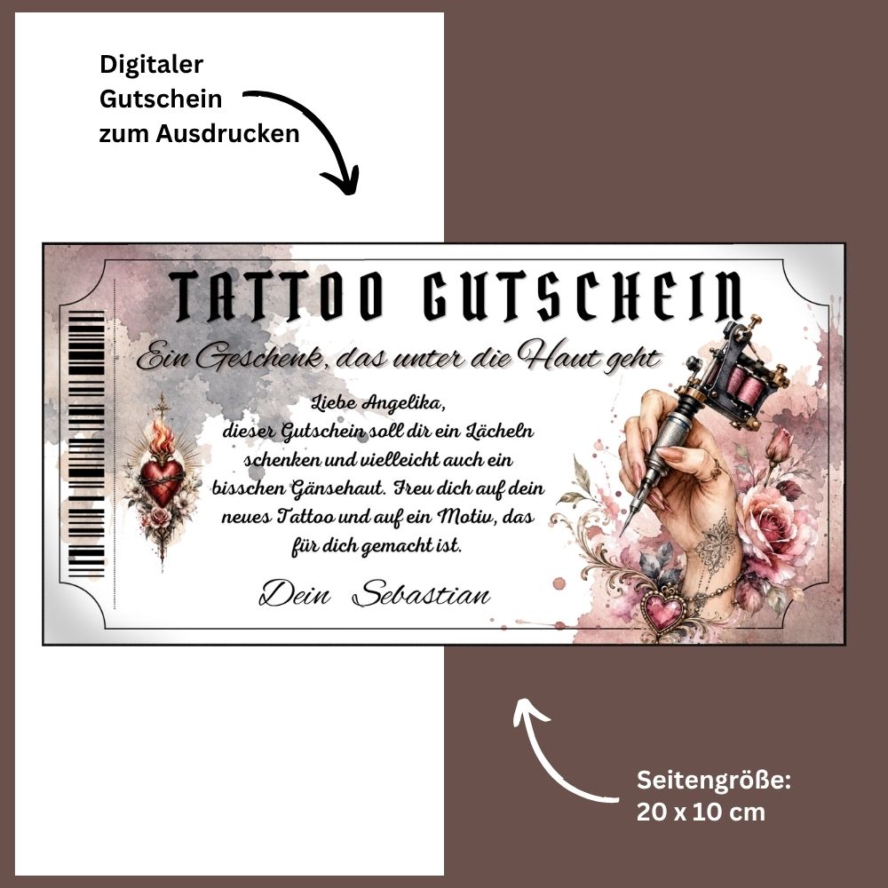 Tattoo Gutschein Flammendes Herz als sofort Download – druckfertig und personalisierbar