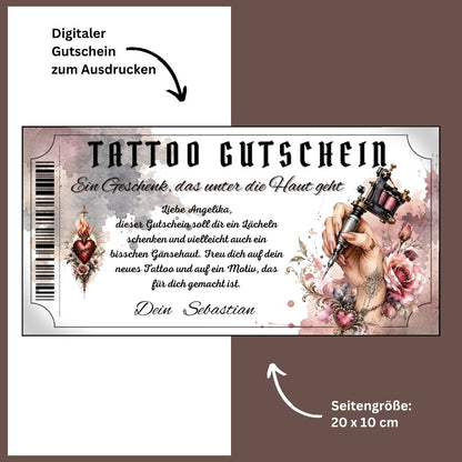 Tattoo Gutschein Flammendes Herz als sofort Download – druckfertig und personalisierbar