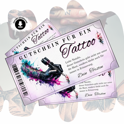 Digitaler Tattoo Gutschein für Frauen mit Aquarell-Farbspritzern in Lila und Pink
