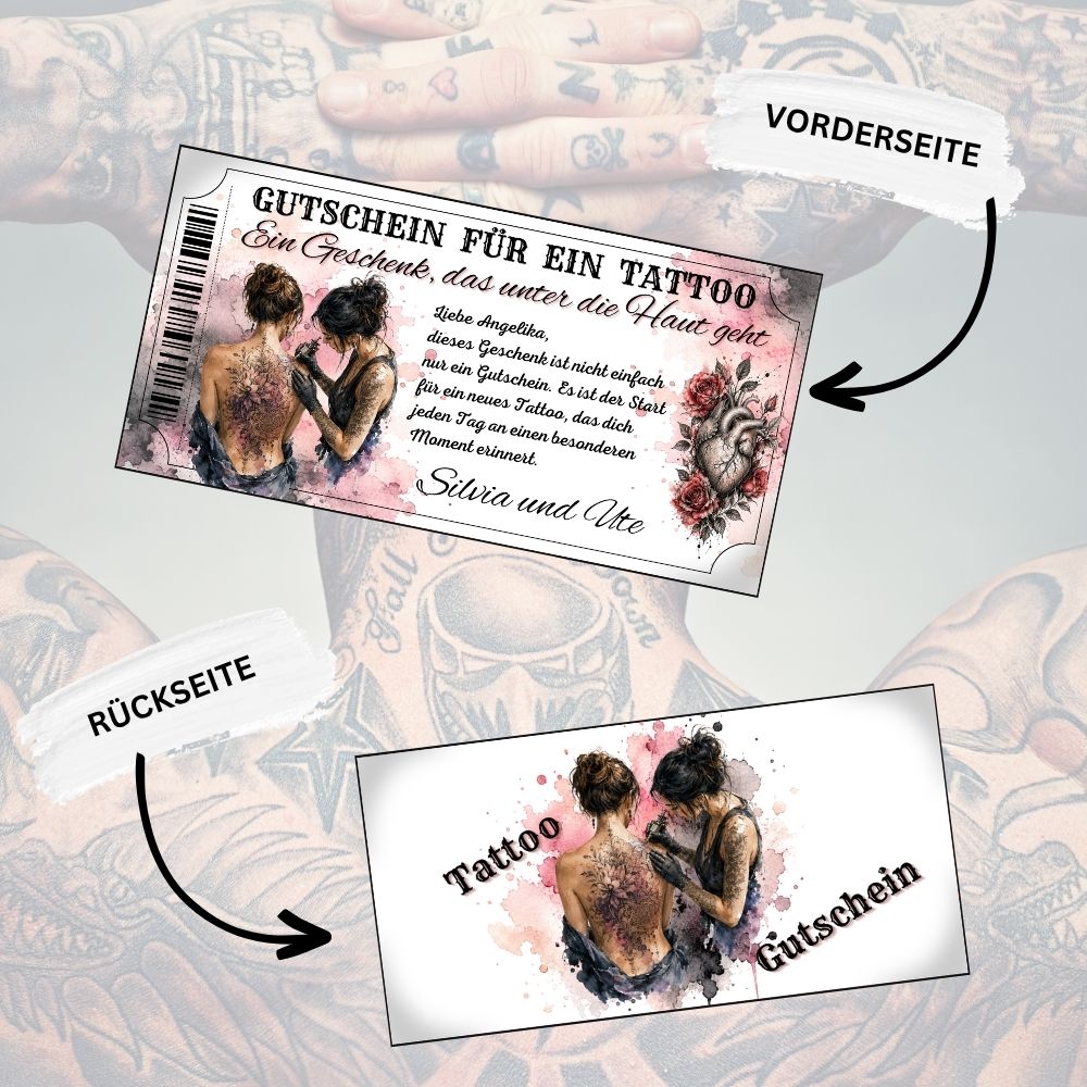 Tattoo Gutschein mit zwei Freundinnen im Studio im warmen Aquarell-Stil