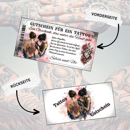 Tattoo Gutschein mit zwei Freundinnen im Studio im warmen Aquarell-Stil