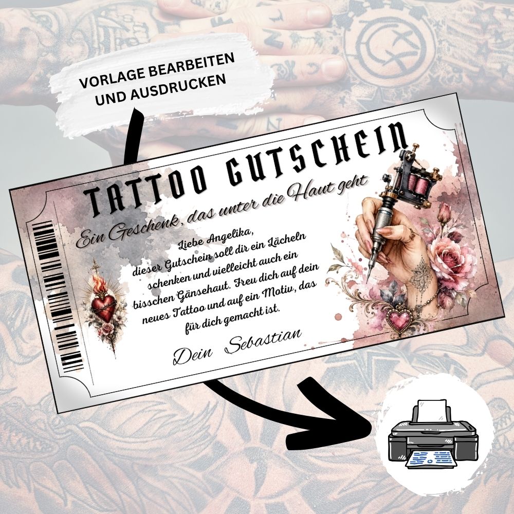 Digitaler Tattoo Gutschein zum Geburtstag mit flammendem Herz-Motiv