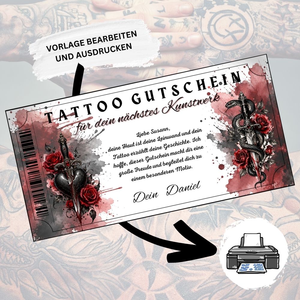 Digitaler Tattoo Gutschein zum Geburtstag im duesteren Gothic-Design