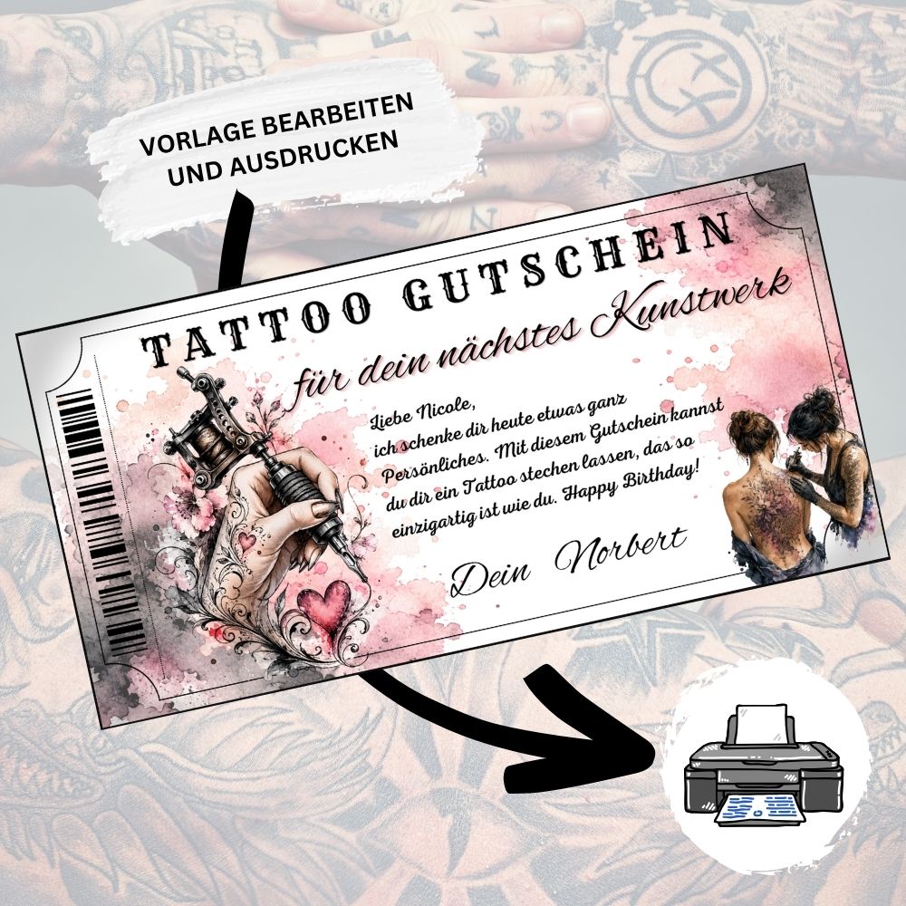 Digitaler Tattoo Gutschein zum Geburtstag mit romantischem Herz-Design