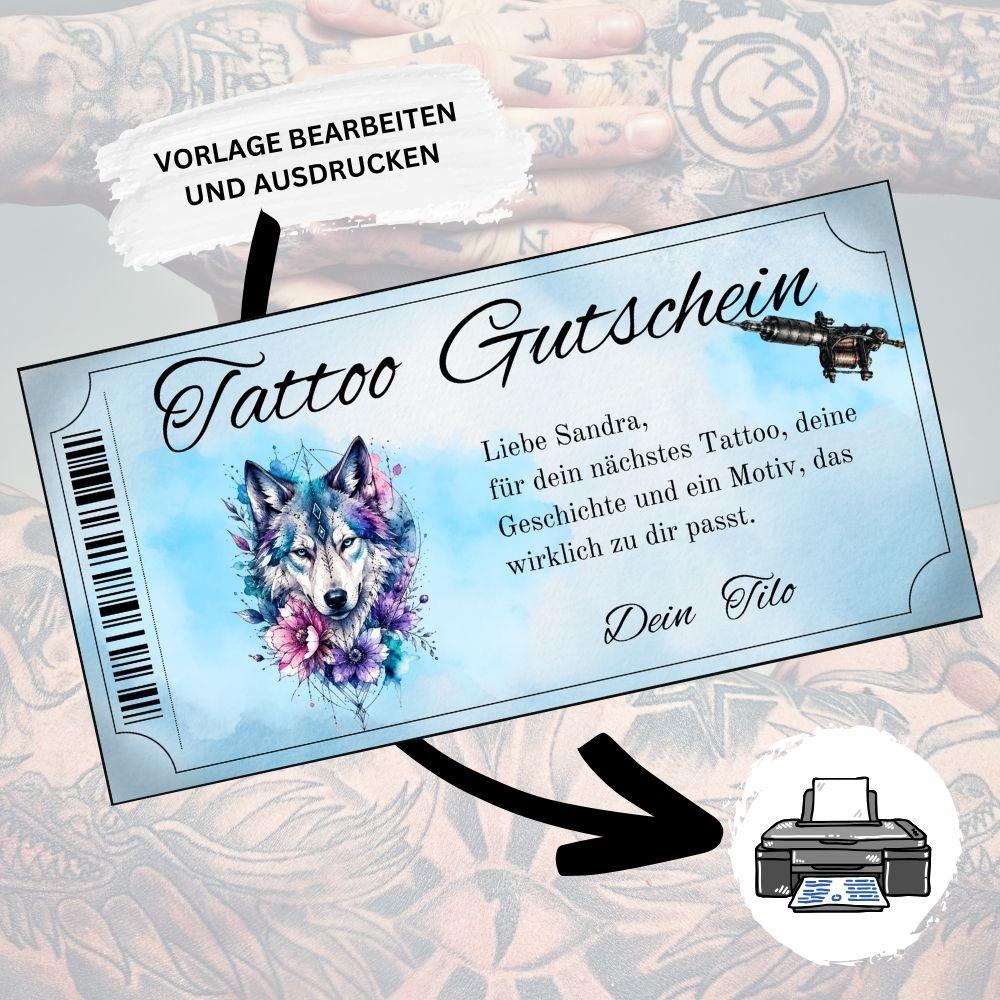 Digitaler Tattoo Gutschein zum Geburtstag fuer Maenner mit geometrischem Wolf-Aquarell