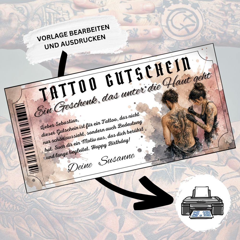 Digitaler Tattoo Gutschein zum Geburtstag mit realistischer Studio-Szene