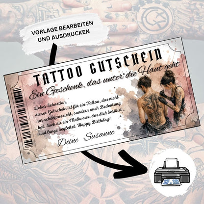 Digitaler Tattoo Gutschein zum Geburtstag mit realistischer Studio-Szene
