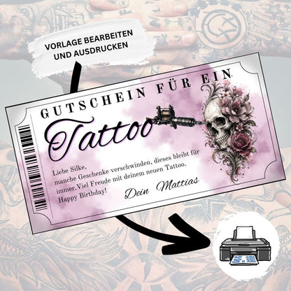 Digitaler Tattoo Gutschein zum Geburtstag mit elegantem Totenkopf-Motiv