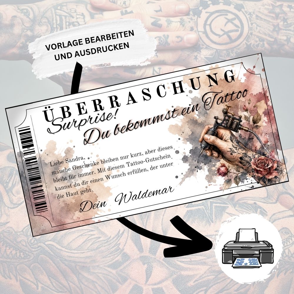 Digitaler Tattoo Gutschein zum Geburtstag als Ueberraschung mit Rosen-Motiv