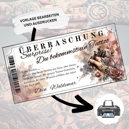 Digitaler Tattoo Gutschein zum Geburtstag als Ueberraschung mit Rosen-Motiv