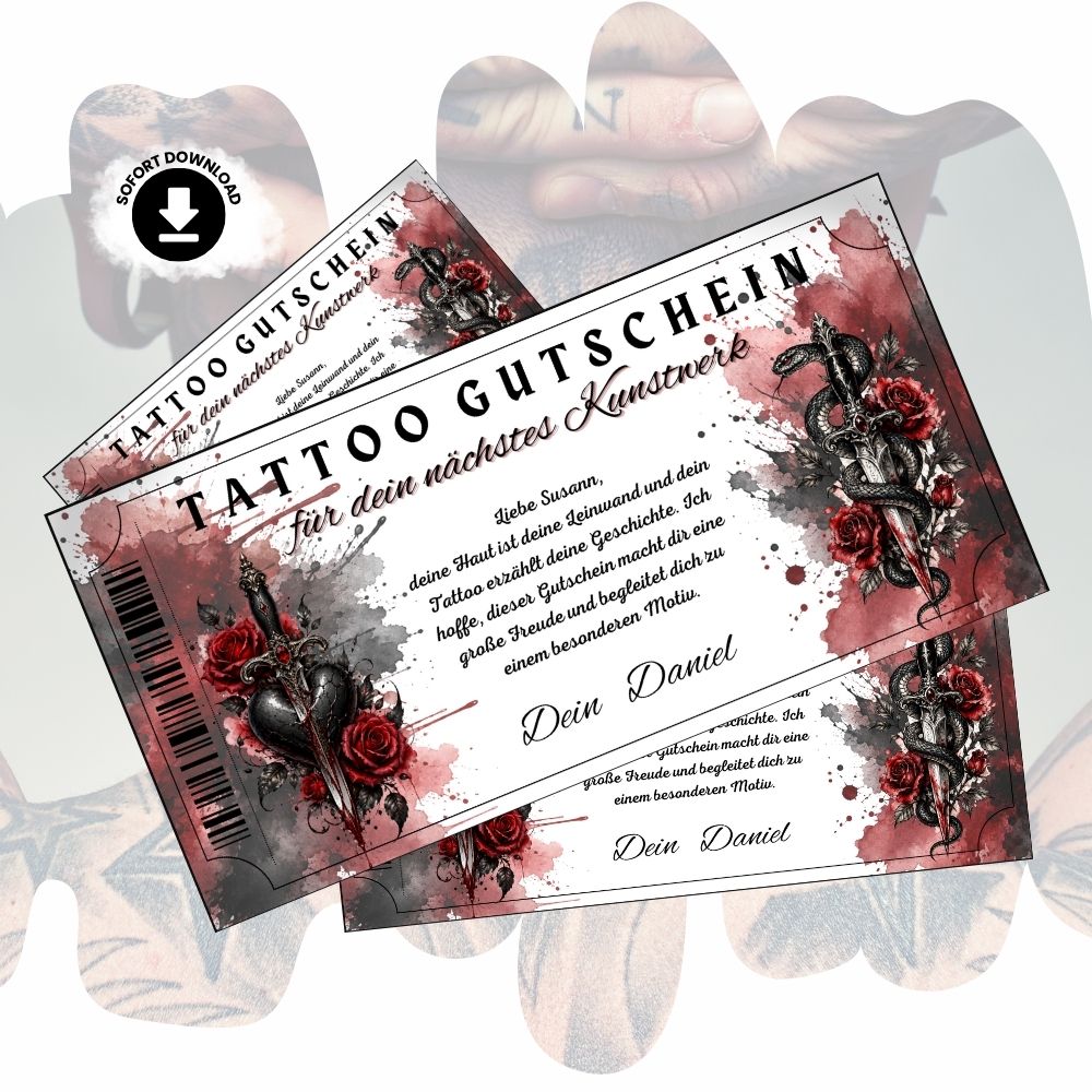 Digitaler Tattoo Gutschein im Gothic-Stil mit Dolch und blutendem Herz